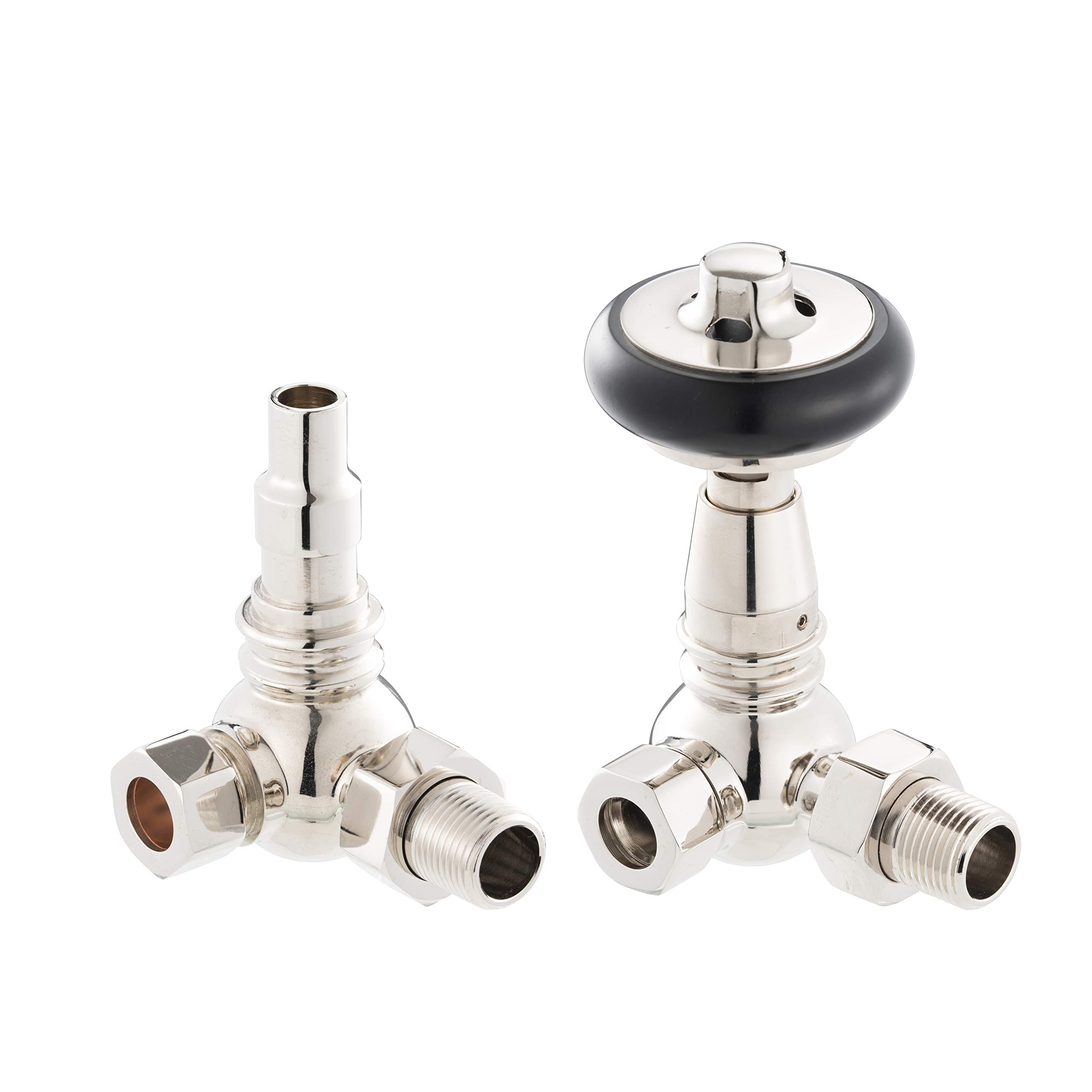 UK-15 PN Arroll traditional Polished nickel Corner Thermostatic Radiator Valve with FSC certified black wooden wheel head & lockshield