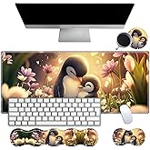 Desk Mat Large Gaming Mouse pad Set 31.5x11.8 inch [4in1Mousepad + Keyboard Wrist Rest+Mouse Wrist Rest+Coaster ] with Ergonomic Desk Pad for Home Office Table Computer - Cute Penguin