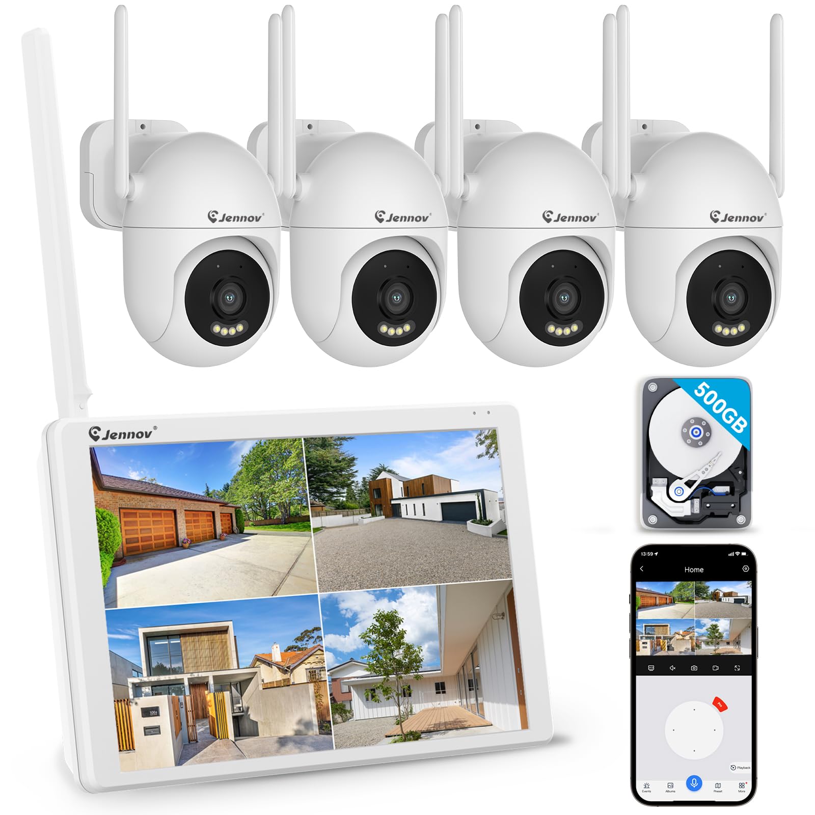 Photo 1 of Jennov 5MP Wireless Security Camera System with Monitor, 10CH NVR Kit for Home & Business Surveillance, 4 Cameras with 500GB HDD, Night Vision, 24/7 Motion Detection, No Monthly Fee, Indoor Outdoor
