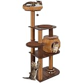 PETSITE 59.5-inch Tall Rattan Cat Tree, Multi-Level Modern Wooden Cat Tower | Sisal Scratching Posts, Ball Track Toy, Comfy Condo with Removable Soft Pads, and Hanging Ball, Ideal for Indoor Cat