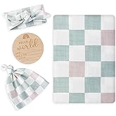 BabyWhale Muslin Swaddle Blanket with Hat and Headband Bow, Checkered Print Swaddle Set for Baby Boys & Girls, Unisex Soft Receiving Blanket Wrap, Green Grey Checkered, 47x47 inches