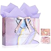 YoungTree Large Gift Bag with Tissue Papers and Greeting Card Two-Tone Ribbon, Purple Marble Pattern Gift Bags, Birthday Gift Bag with Handles, Present Bags for Valentines Day Wedding Party Supplies