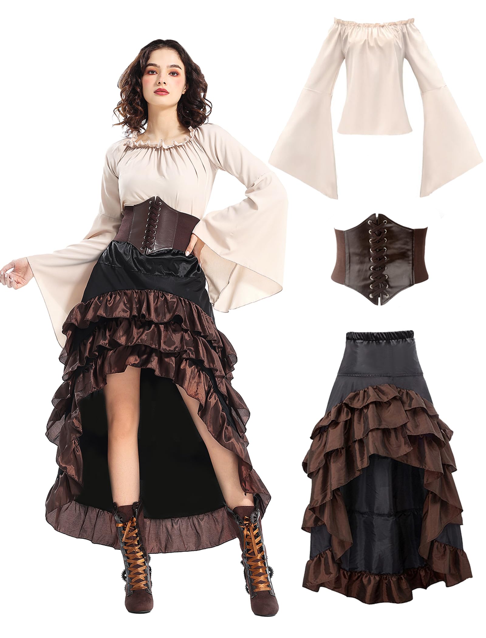 Vercico Pirate Costume Adult Women Medieval Pirate Fancy Dress Retro Elastic Waistband Corset, Steampunk Renaissance Outfit Halloween Costumes