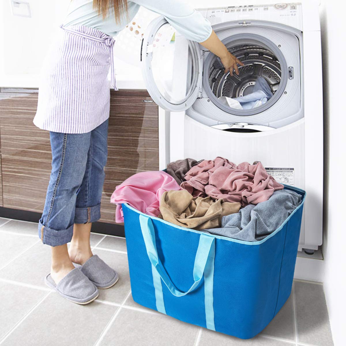 WISHPOOL Extra Large Laundry Basket Shopping Tote Bag Collapsible Laundry Hamper Handles Foldable Laundry Bags Standing Dirty Clothes Storage Organizer (Blue)