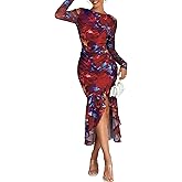 ECOWISH Women's Spring Wedding Guest Dress 2026 Long Sleeve Ruched Bodycon Floral Ruffle Cocktail Party Maxi Dresses
