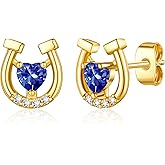 Ritach Horse Gifts for Women Girls - S925 Sterling Silver Post Lucky Horseshoe Stud Earrings Real Gold Plated Heart Birthstone Earrings for Girls Women Horse Stuff Horse Gifts for Girls Women Horse Lovers