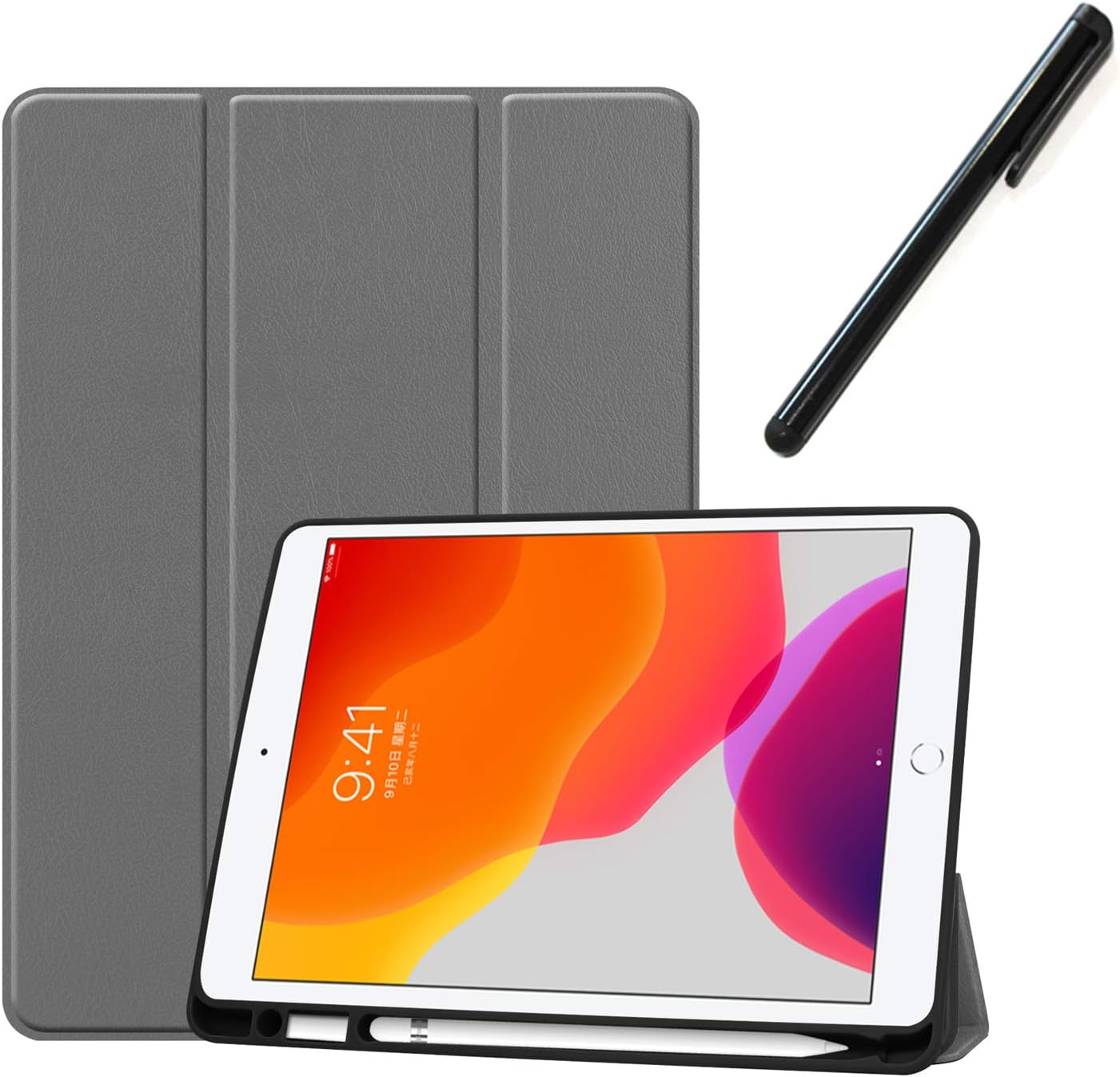 XTstore Case for New iPad 7th Generation 10.2" 2019 with Built-in Pencil Holder, Slim Smart Shell Stand Cover with Soft Silicone Back Protector for iPad 10.2 Inch 2019, Grey (Auto Wake/Sleep)