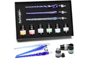 ESSSHOP Glass Pen Calligraphy Set - 3 Blue Crystal Dip Pens Color Ink and Pen Holder Art Supplies Kit for Signatures Beginners Journaling Lettering Drawing Holiday Gift Decoration
