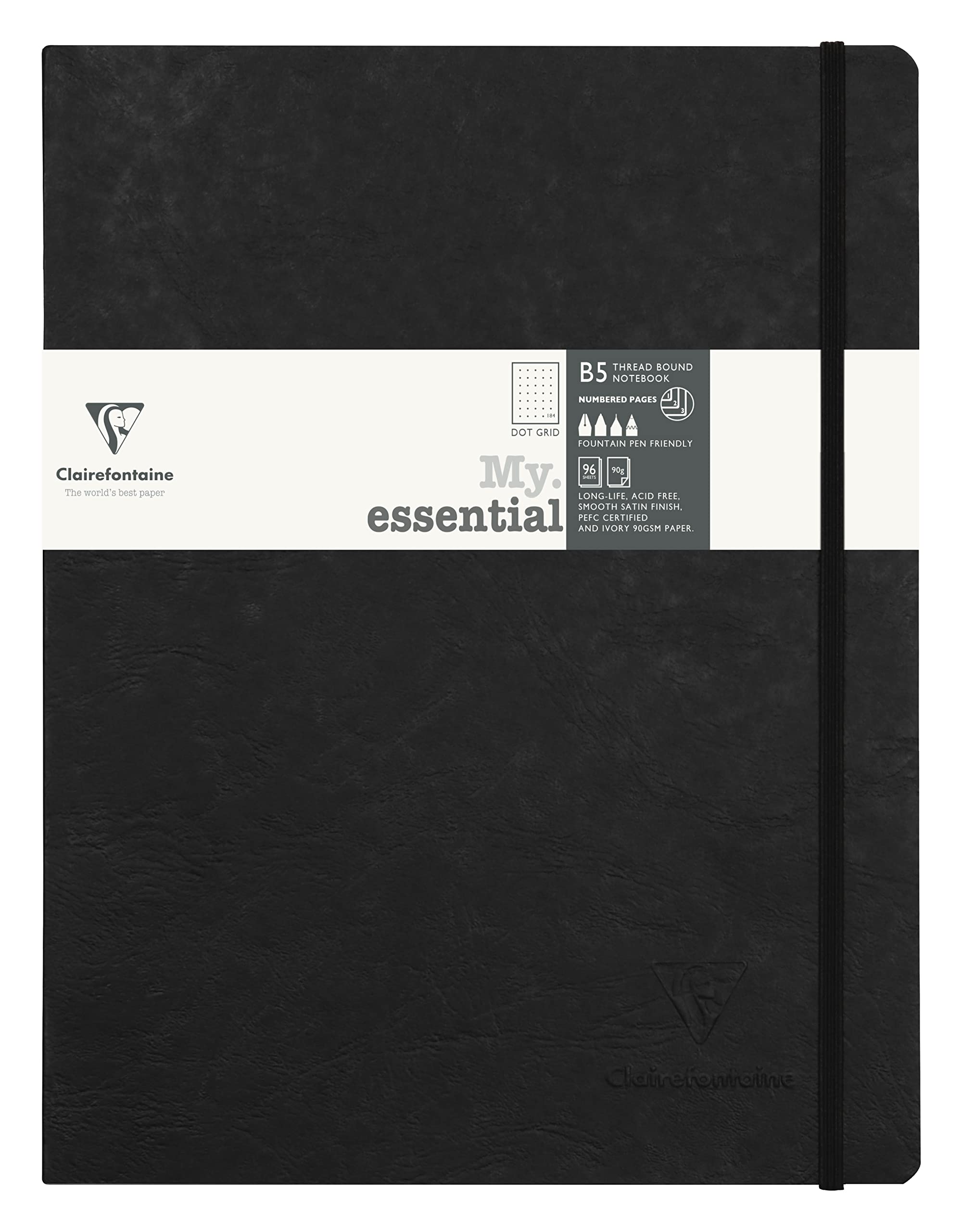 Clairefontaine 794431C Collection Age Bag Stitched MyEssential Elastic Notebook Black - B5 19x25cm - 192 DOT Numbered Pages - 90g Ivory Paper - Leather Cover