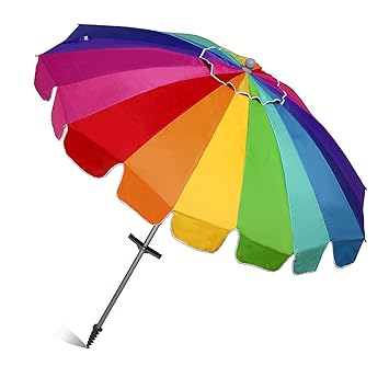 AMMSUN 7.5ft 20 Panels Heavy Duty Rainbow Beach Umbrella with zinc Tilt UPF 50+ Twist-in System Sand Anchor Silver Coating Inside