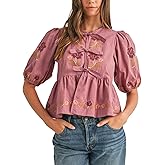 Joiemont Womens Short Puff Sleeve Floral Embroidery Poplin Front Self Tie Detail Peplum Top Blouse