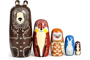MCPINKY 5PCS Russian Nesting Dolls for Kids, Wooden Matryoshka Animal Stacking Fun Toys for Birthday & Christmas Party Decorations