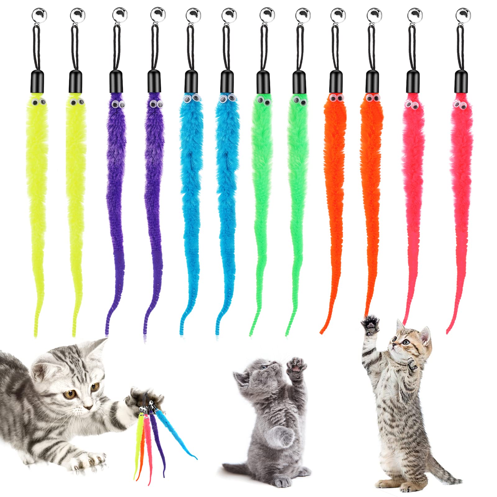 Cobee 12pcs Cat Wand Toy Refills - Furry Tail Worm Teaser with Bell Assorted for Kittens