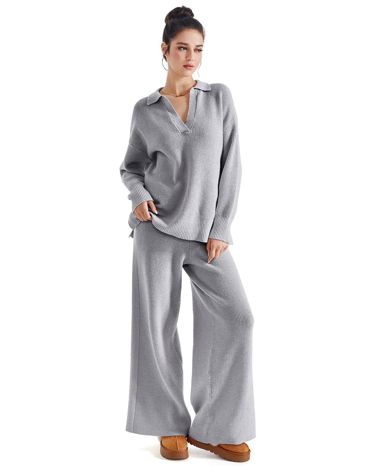 SUUKSESS Women 2 piece Fall outfits Long Sleeve Oversized Matching Lounge Set Waffle Knit Polo Sweater sets (Grey,M) - Image 3