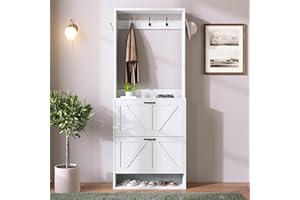 Betoko Hall Tree with Shoes Storage,Farmhouse Entryway Coat Rack Wooden Hallway Mudroom Tree Bench Corner Tree Cabinet with 5 Coat Hooks & 2 Shoes Cabinets and Open Shelf(Rustic White)