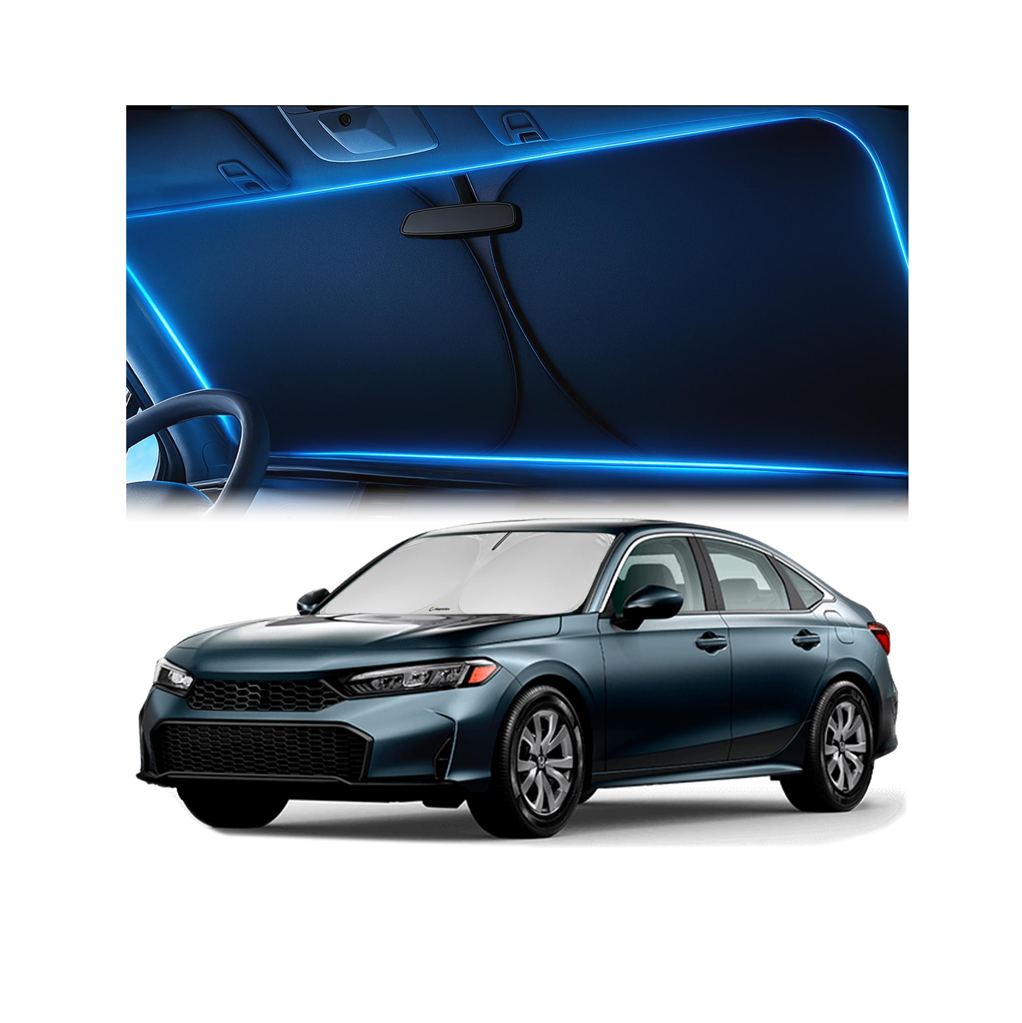 Windshield Sunshade for Honda Civic 2022 2023 2024 2025 2026 - Innovative No-Light-Pass Technology, Mirror Cut-Out, Blocks 99% UV Rays, Fade-Resistant, Easy-Fold Civic Windshield Sun Shade