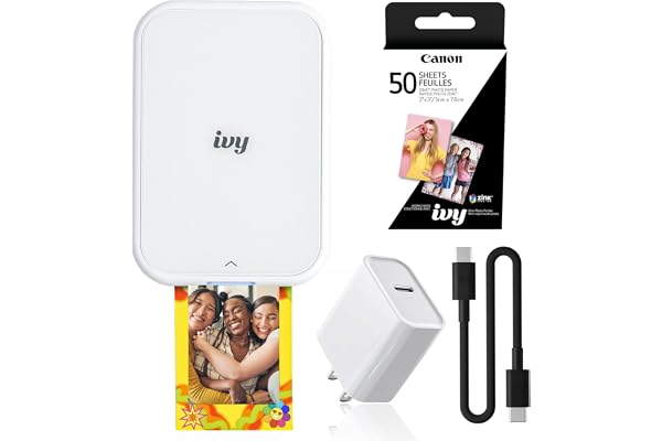 Canon Ivy 2 Mini Photo Printer Pure White, Bluetooth Portable Printer for iOS & Android, Zink 2x3 Sticky-Back Photo Prints, Compact Travel Size (5452C018) + Zink Photo Paper (50 Sheets) + More