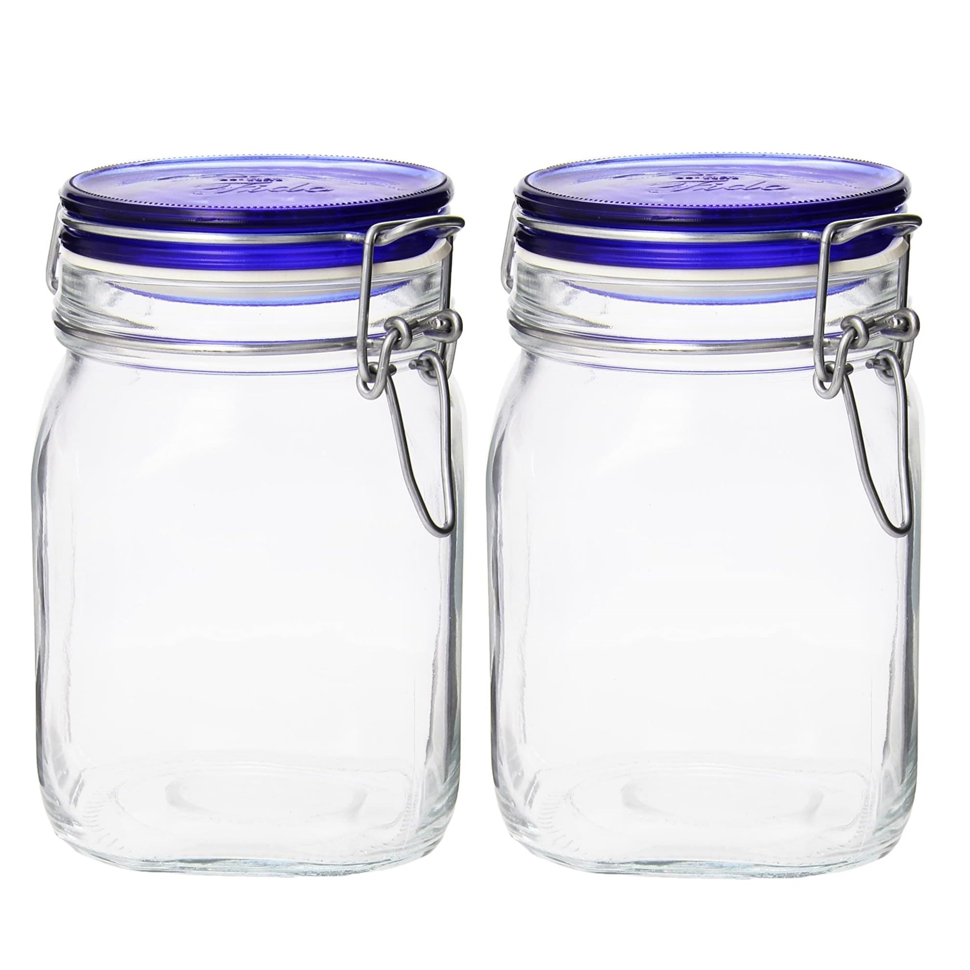 Bormioli Rocco SYNCHKG055590 Fido Square Jar with Blue Lid-33¾ oz 1L (2 Pack), Stainless Steel