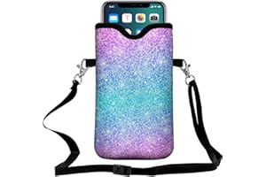 ZELANO Phone Sleeve for Men Women Neoprene Phone Bag Phone Pouch Case with Crossbody Strap/Neck Lanyard for iPhone15/14, Android (Pink Blue Glitter Pattern)