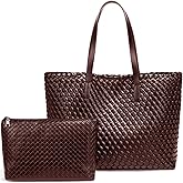 Large Capacity Shoulder Handbag Woven Leather Tote Bag with Matching Pouch Travel Lightweight