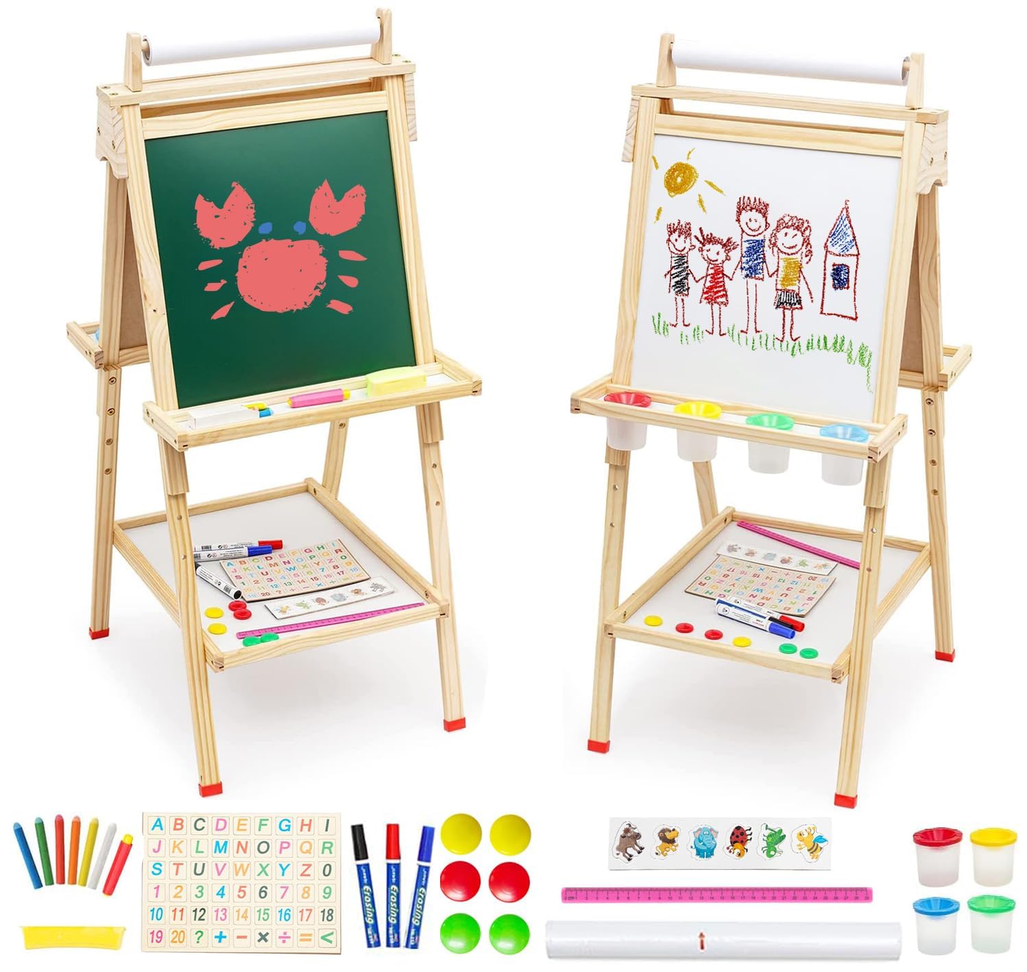 Kids Wooden Easel Double Sided Art Easel Whiteboard Chalkboard 3-Height Adjustable (95-115cm) Foldable Drawing Board with Letters Numbers for Boys Girls Toddlers