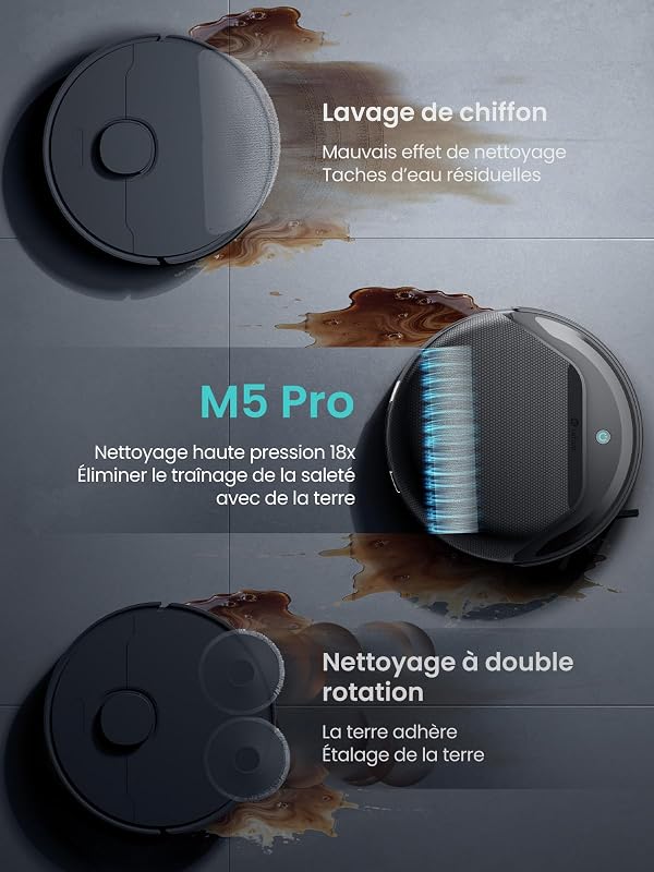 M5 Pro Robot Aspirateur Laveur Rouleau 23000Pa 100% Anti-Enroulement