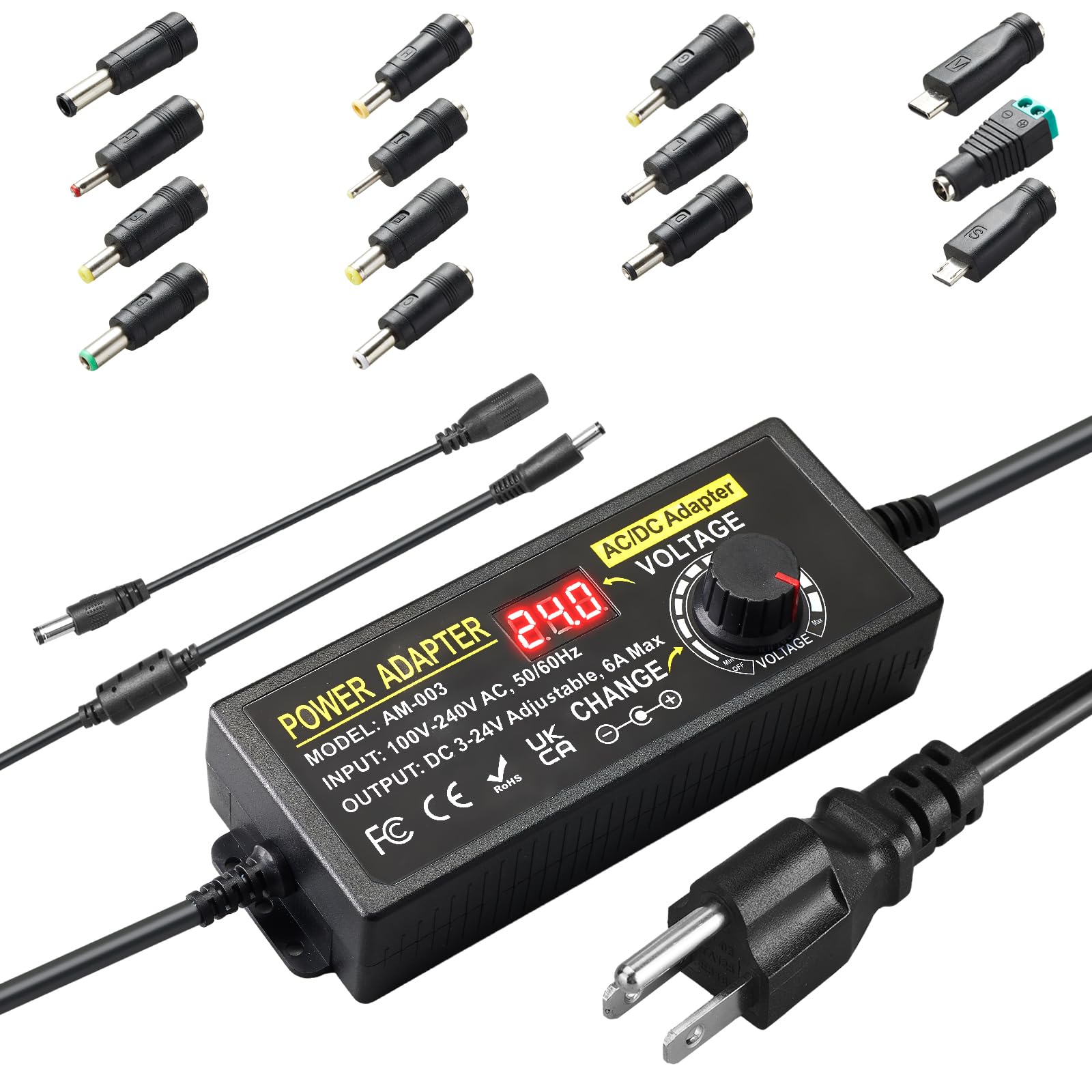 Photo 1 of 144W Adjustable Power Supply Adapter 3V~24V 6A Universal Variable Switching Power Adapter 100V-240V AC to DC Converter Transformer with 14 Tips&Polarity Converter3V 5V 6V 9V 12V 15V 16V 18V19V20V24V