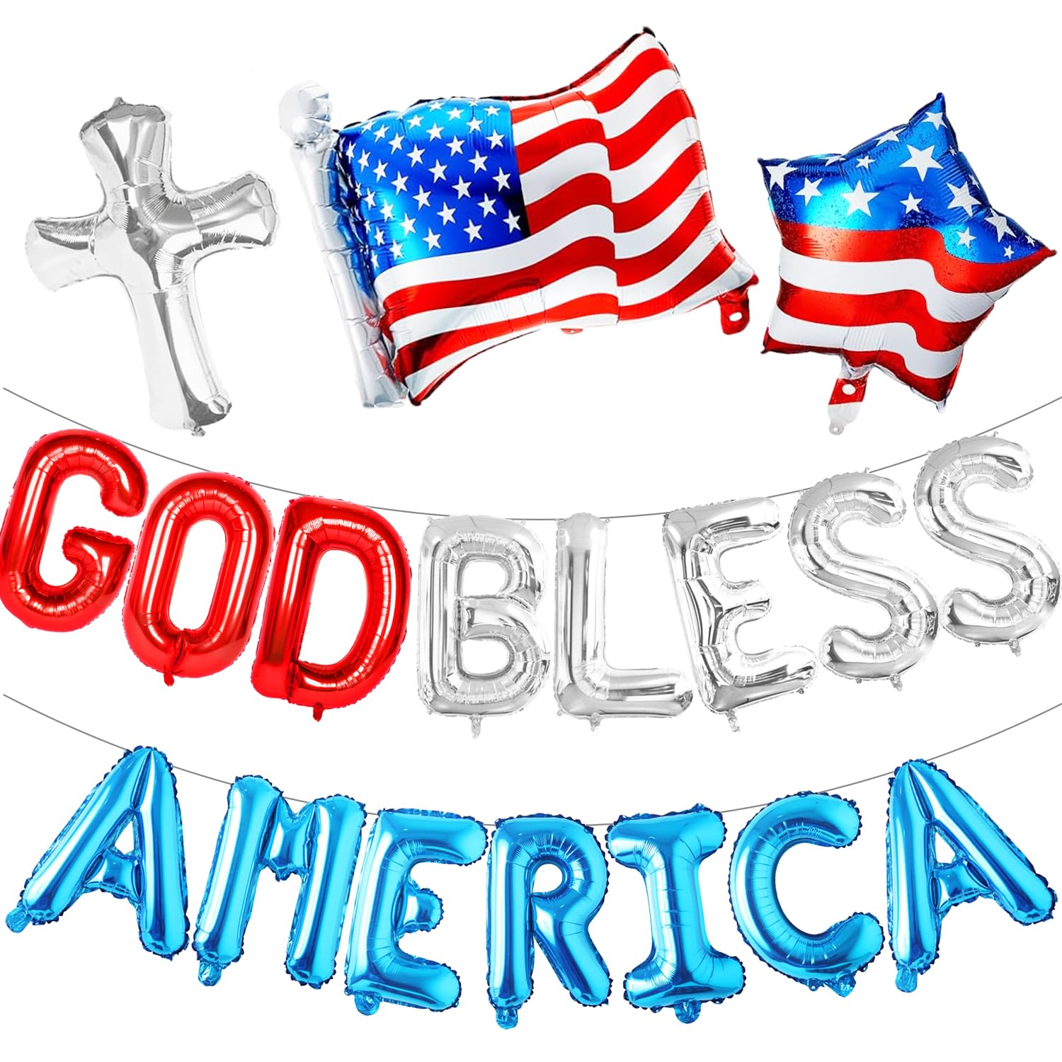 Photo 1 of 4th of July God Bless America Foil Memorial Day Balloons Banner Decorations With 16Inch Red White and Blue Foil Letter Balloons,Star,American Flag Balloon for Independence Day Decoration