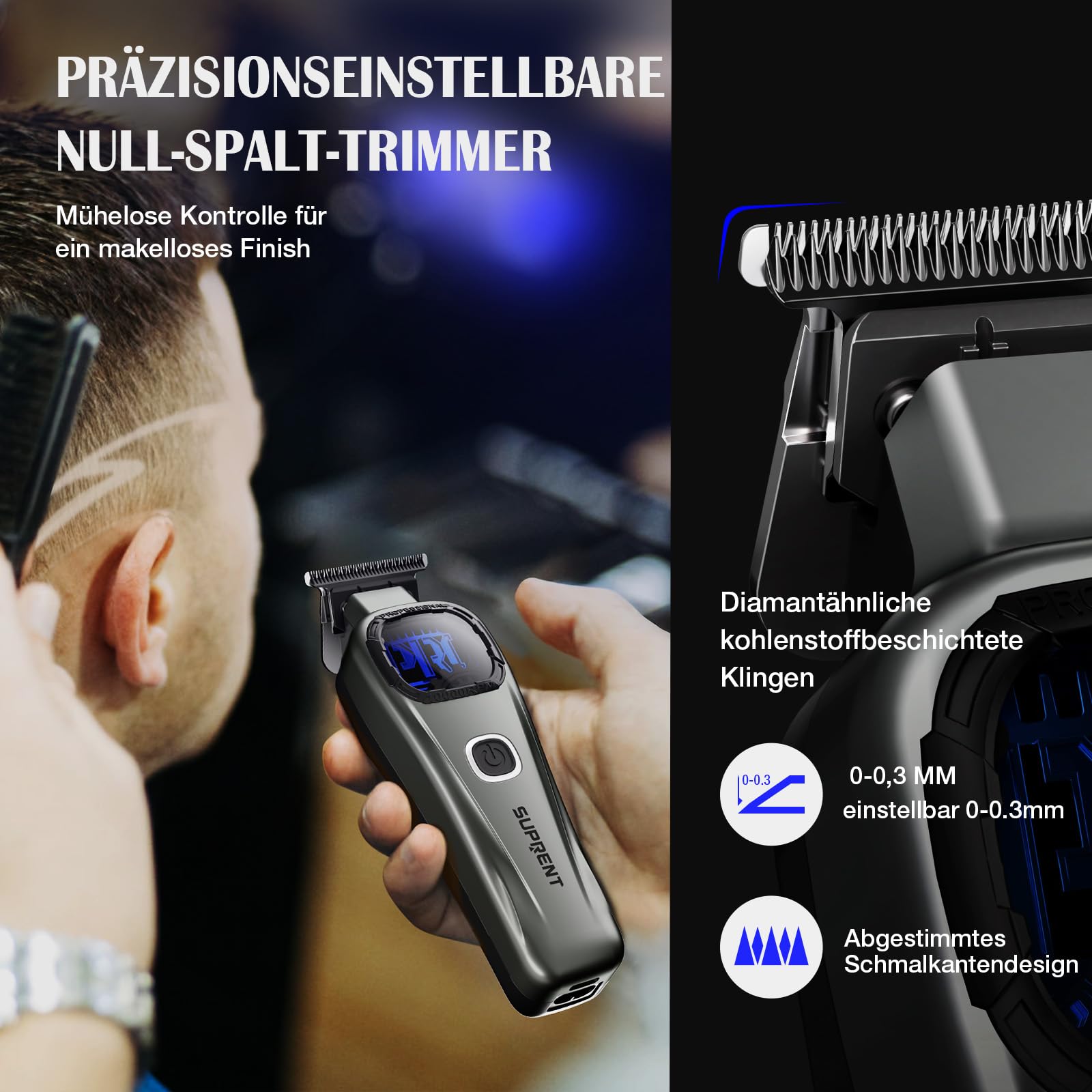 SUPRENT Haarschneidemaschine Herren Profi – Titanbeschichtete Fade-Klinge, Einstellbares Zero-Gap T-Blade, 5 Längenstufen, Magnetische Führungskämme, 2500mAh Akku & Typ-C Ladestation 4