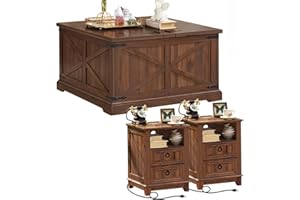 Joaxswe Farmhouse Coffee Table Set of 3, Furniture Set with Charging Station, Coffee Table with Hidden Storage Organizer and 