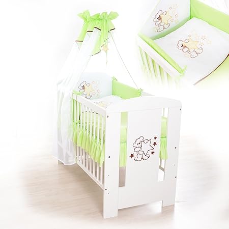 Babybett Teddybär und Sternen - weiß mit vollem Ausstattung (grün)