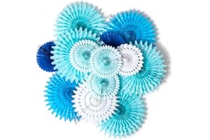SUNBEAUTY Pack of 13 Blue White Hanging Honeycomb Paper Fans Party Decoration Kit for Baby Boy Shower 1st Birthday Navy Ocean Wedding Under The Sea Theme Photo Booth Backdrops Paper Party Supplies