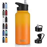 HASLE OUTFITTERS 32 oz Insulated Water Bottle Stainless Steel Double Walled Vacuum Sports Water Bottle with 2 Lids (Straw and Spout Lid) for Gym Camping Hiking(Yellow Orange Gradient,1)