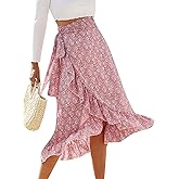 ThCreasa Womens Boho Floral Print High Waisted Wrap Skirts Ruffle Hem Tie Knot Summer Chiffon Flowy Midi Skirts