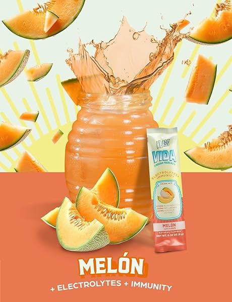 KLASS VIDA HYDRATION + IMMUNITY ELECTROLYTE DRINK MIX – CANTALOUPE AGUA FRESCA FLAVOR | SUGAR-FREE POWDER WITH WELLMUNE®, ACEROLA, COCONUT WATER & MINERALS | 15 SINGLE-SERVE STICK PACKS, LOW CALORIE