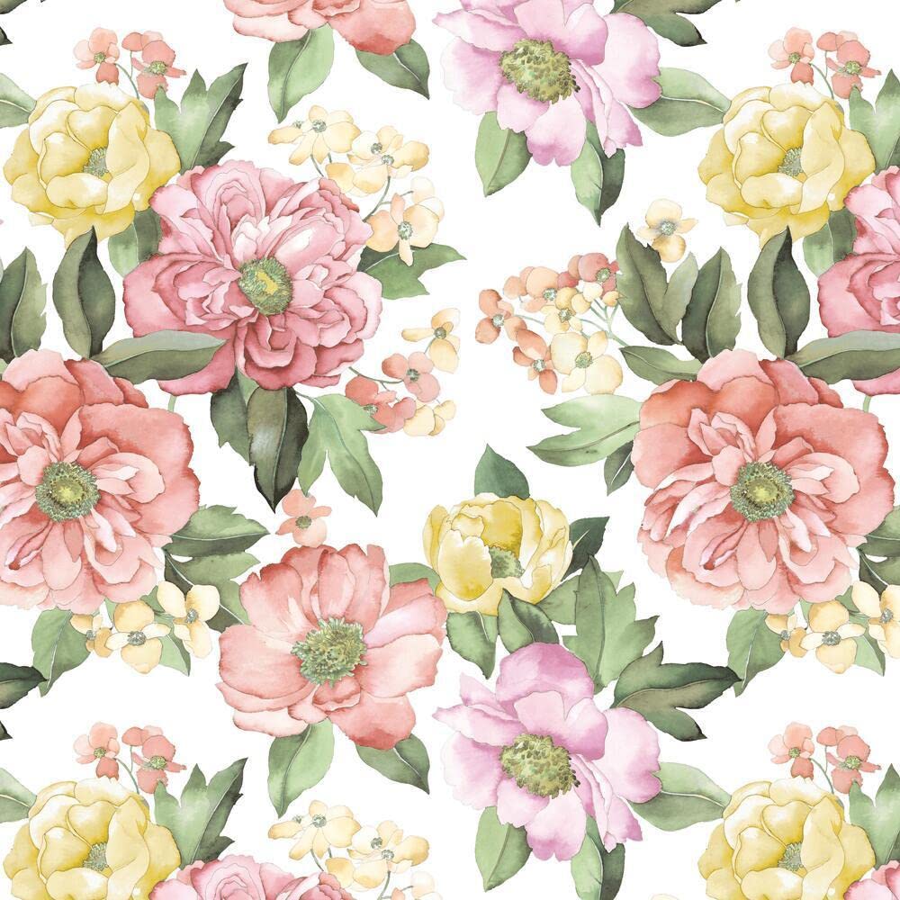 RoomMates RMK11446RL Pink and Yellow Watercolor Floral Bouquet Peel and Stick Wallpaper