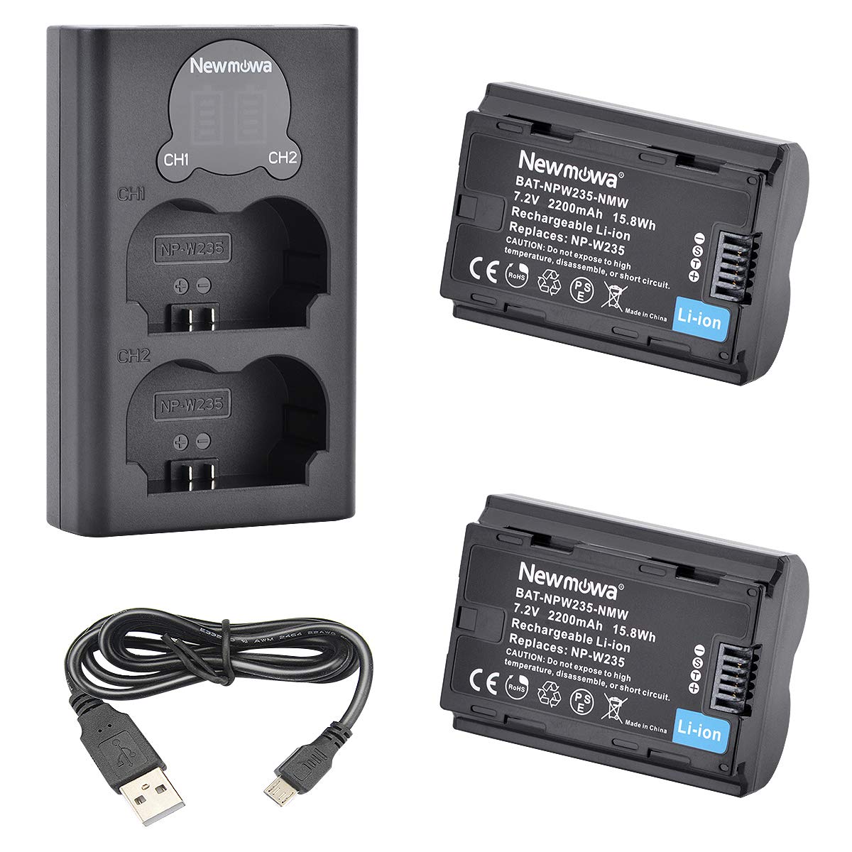 Newmowa NP-W235 Replacement Battery (2 Pack) and Smart LCD Display Dual USB Battery Charger for Fujifilm X-T4