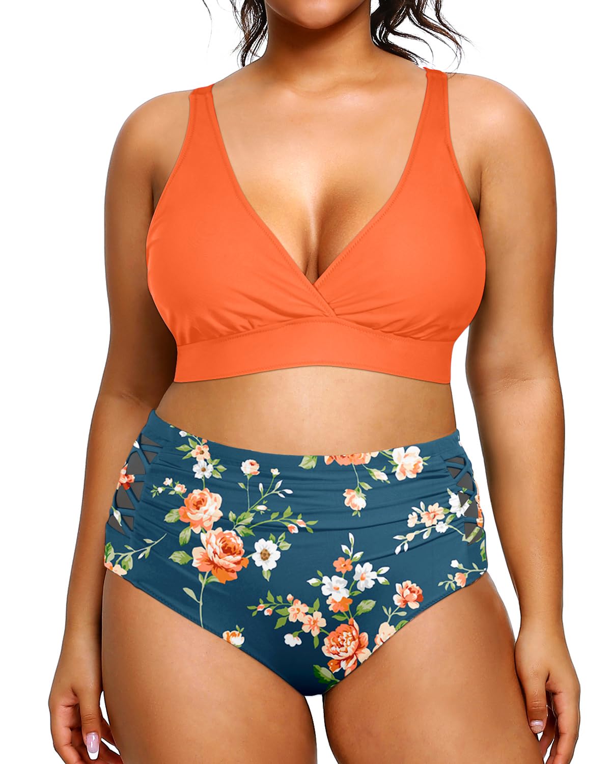 Photo 1 of Yonique Womens Plus Size Bikini High Waisted Swimsuits Two Piece Bathing Suits Tummy Control Swimwear Orange and Blue Print 22Plus