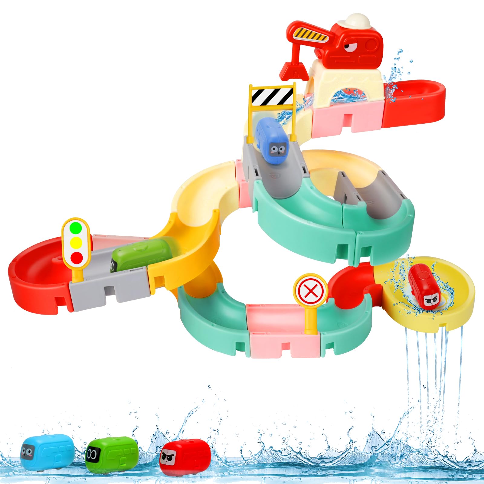 JoiTale Kids Bath Toys, 37 PCS DIY Bath Track Game Shower Water Toys, Traffic Theme Slideway Toy with Suction Cups & Cars, Bath Time Bathtub Toys for 2 3 4 5 Year Old Boys Girls Toddler