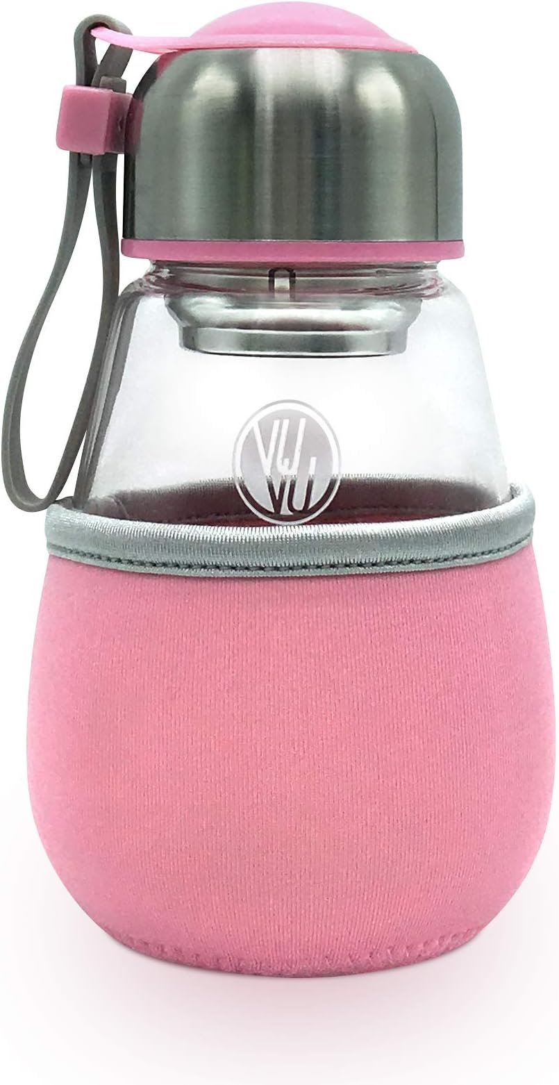 Borosilicate Glass Water Bottle, Travel Tumbler with Stainless Steel Tea Infuser & Removable Sleeve, 480ml/16oz (Pink, 1count)