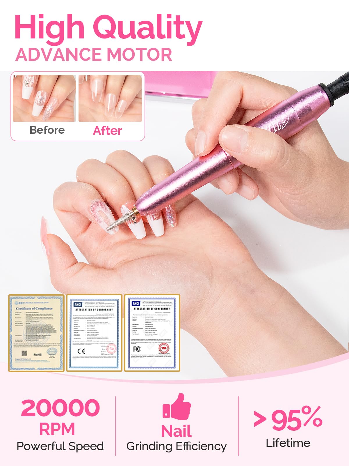 Professional Electric Nail Drill Portable Nail File for Acrylic Gel Nails, 20000RPM Professional Nail Drill Machine for Nail Polish Remover with the Function of Storing Manicure Accessories, Purple - Image 3