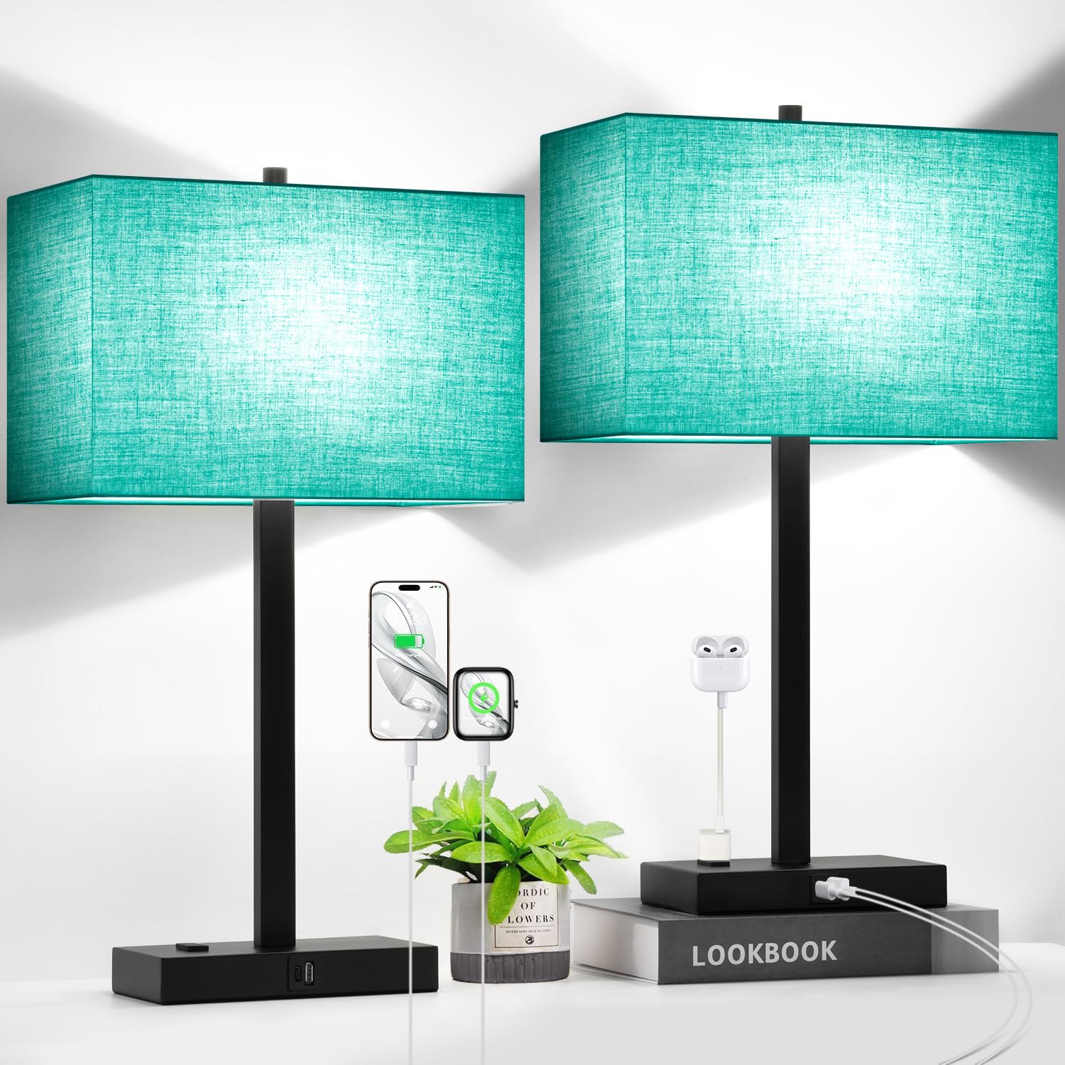 Lynnoland 21" Set of 2 Table lamp with USB A+C & AC Outlets, Touch Control 3-Way Dimmable Nightstand Lamps for Bedroom Living Room Office Reading, Green Shade Touch Lamps, 5000K LED Bulbs Included Image