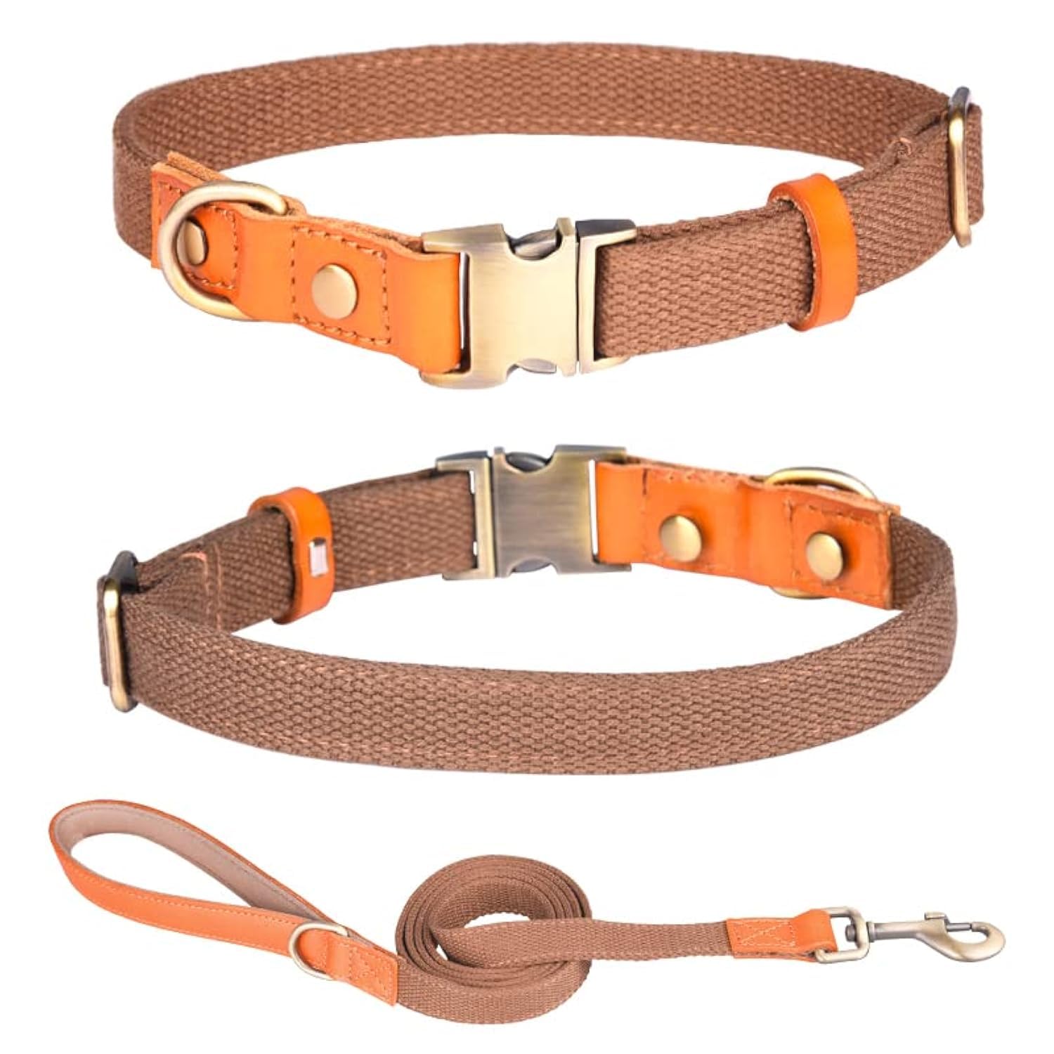 Haoyueer Nylon Dog Collar, with Metal Safety Buckle, Adjustable leather & Nylon Pet Collars & Leash set for Small Medium Large Dogs (L, Brown)