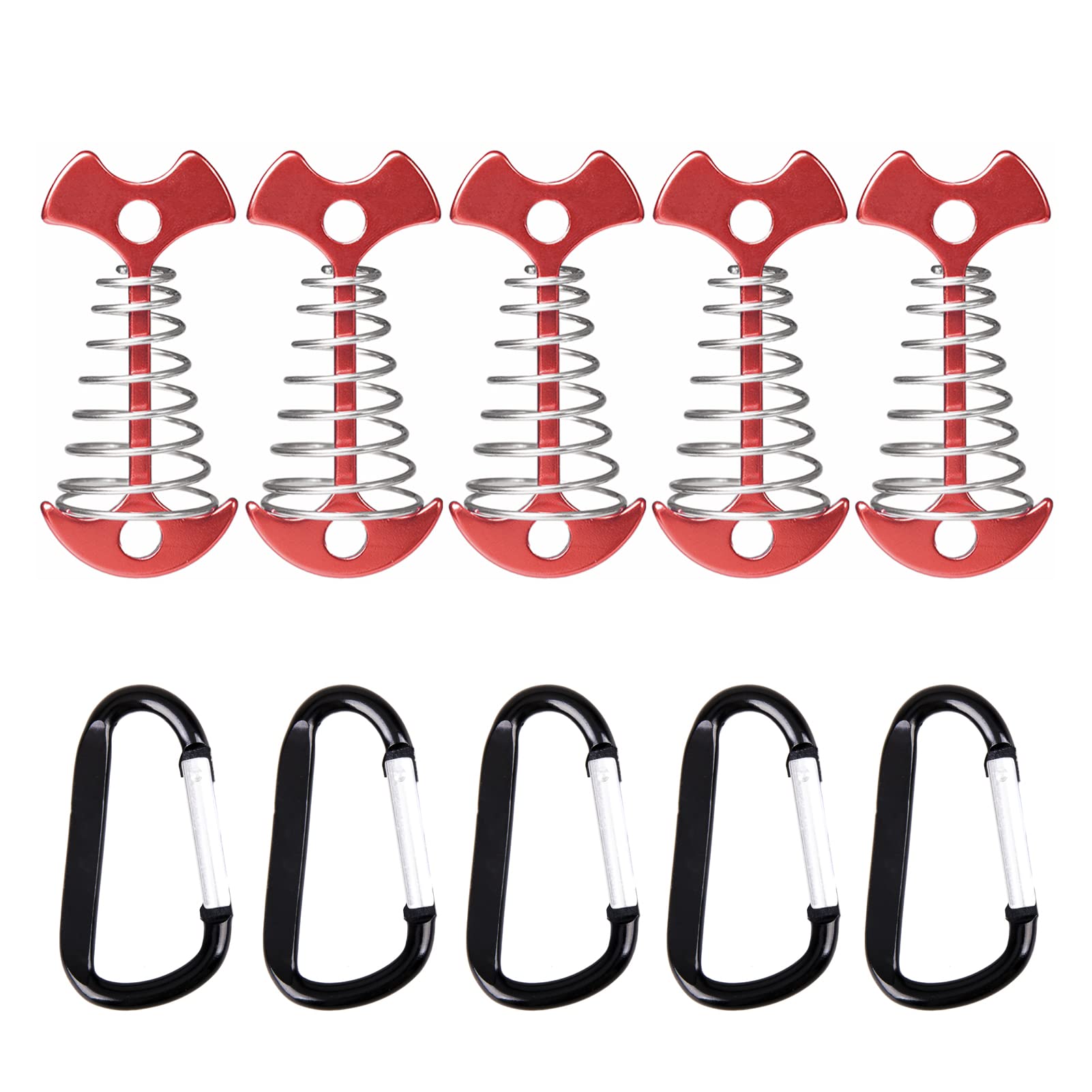 Azarxis Fishbone Deck Anchor Pegs, 6 Pack Deck Plank Board Tent Stakes with Carabiners Clip Deck Tie Down Aluminium Alloy Camping Peg for Outdoor Hiking Picnic (77mm Red Nail + Spring + Carabiner)