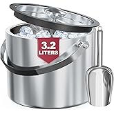 3.2L Double Wall Stainless Steel Ice Bucket with Lid,Scoop, Updated Insulated Ice Bucket for Cocktail Bar and Parties