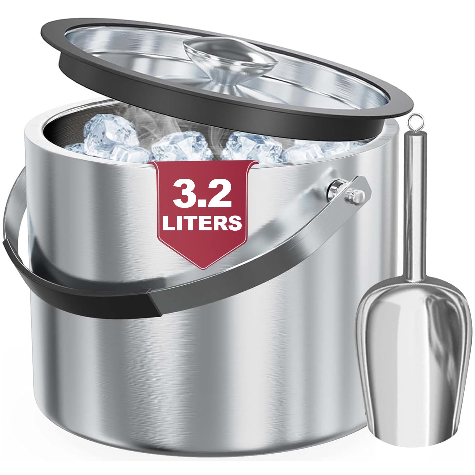 3.2L Double Wall Stainless Steel Ice Bucket with Lid,Scoop, Updated Insulated Ice Bucket for Cocktail Bar and Parties Image
