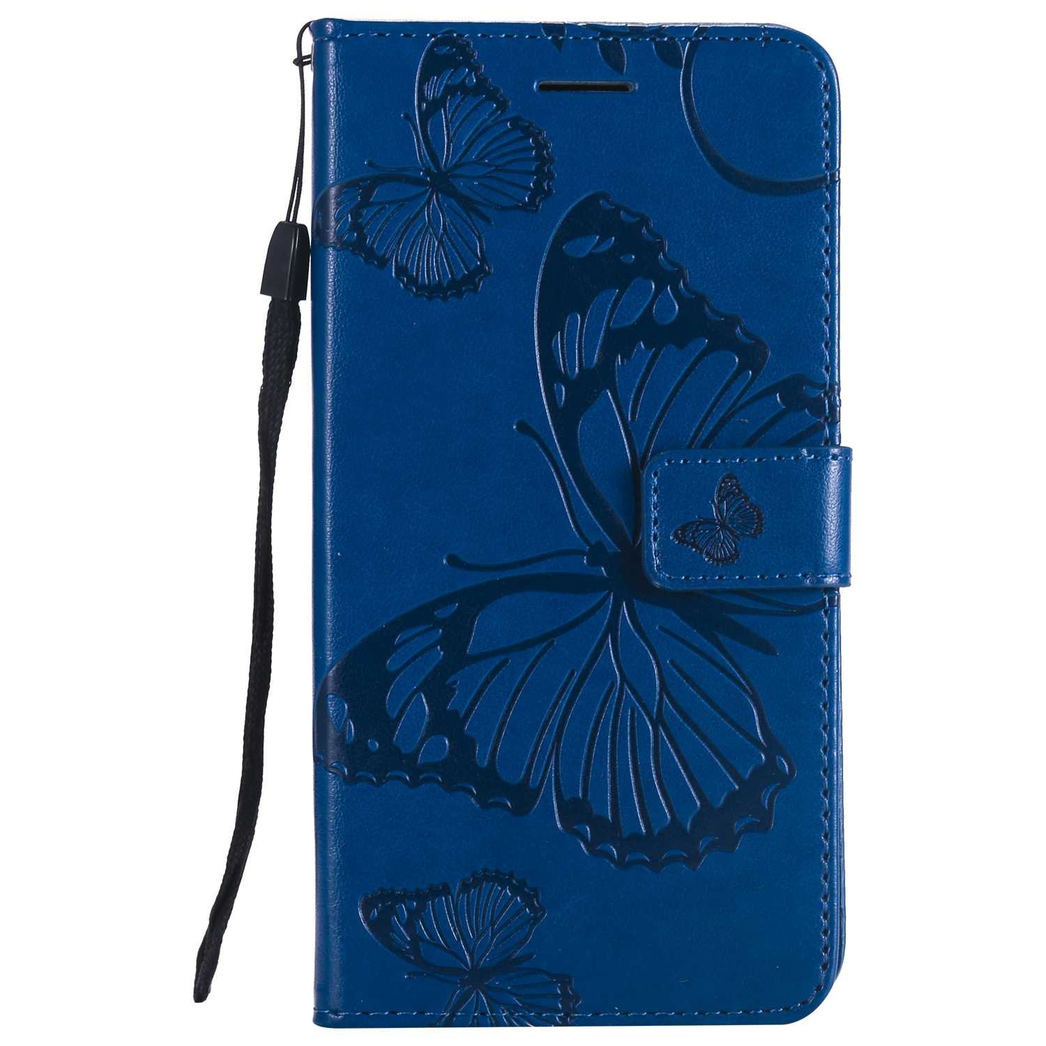 DENDICO Wallet Case for LG V30, Flip Leather Case with Card Slots and Stand Feature, Butterfly Pattern Design Protective Cover for LG V30 - Blue