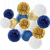 Navy-Blue Gold Party-Decorations Paper-Flowers Lanterns - 15PCS Royal White Baby Bridal Shower Tissue Pom Poms Streamers, Bachelorette Birthday Wedding Graduation Hanging Supplies Decor Hugfond