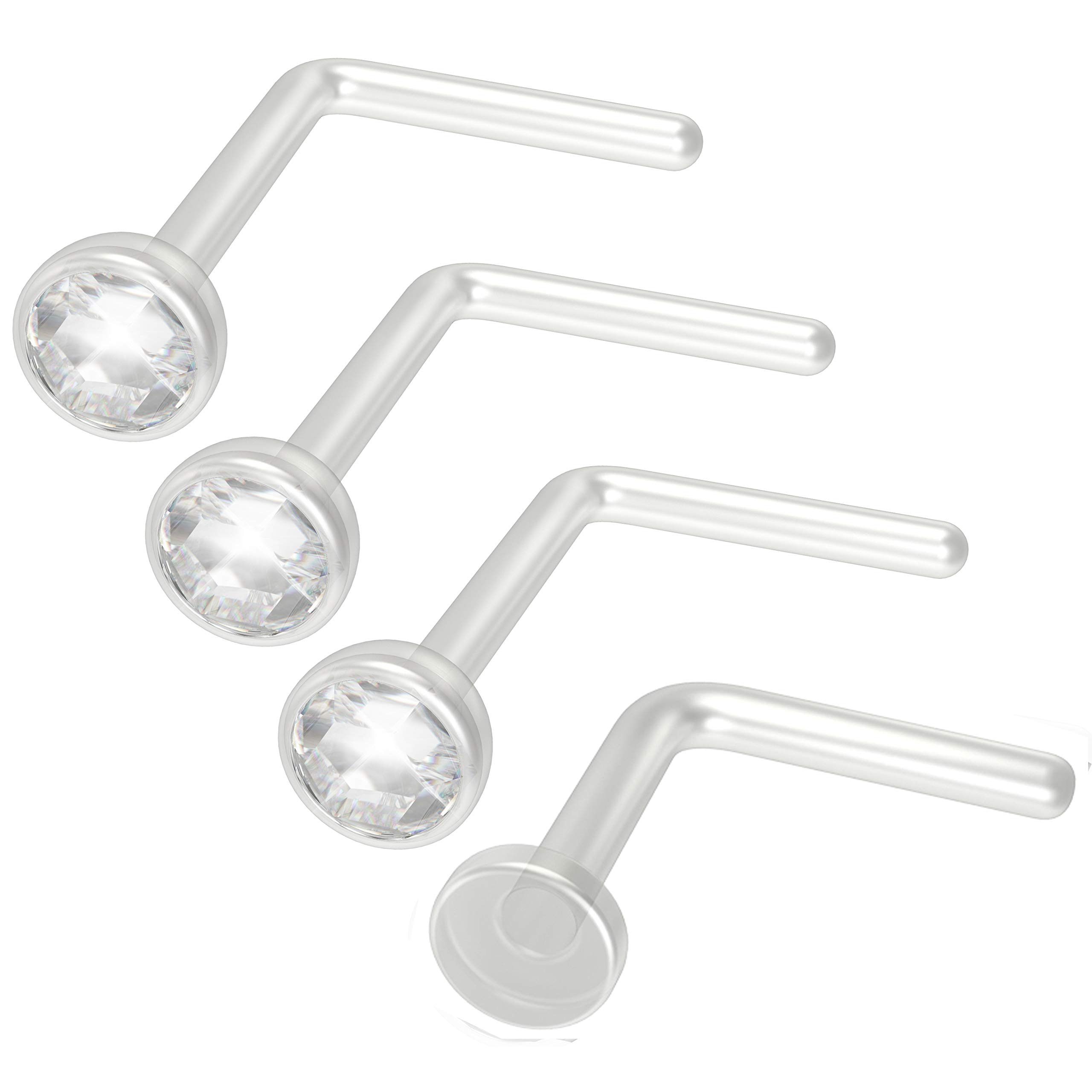 4pc 0.8mm 20g 0.8mm Nose Ring Bars L-Shaped Nose Ring Bar CZ Bioflex Clear Cute Flexible Bend Shape Studs Nostril Piercing 2.5mm Retainer Keeper