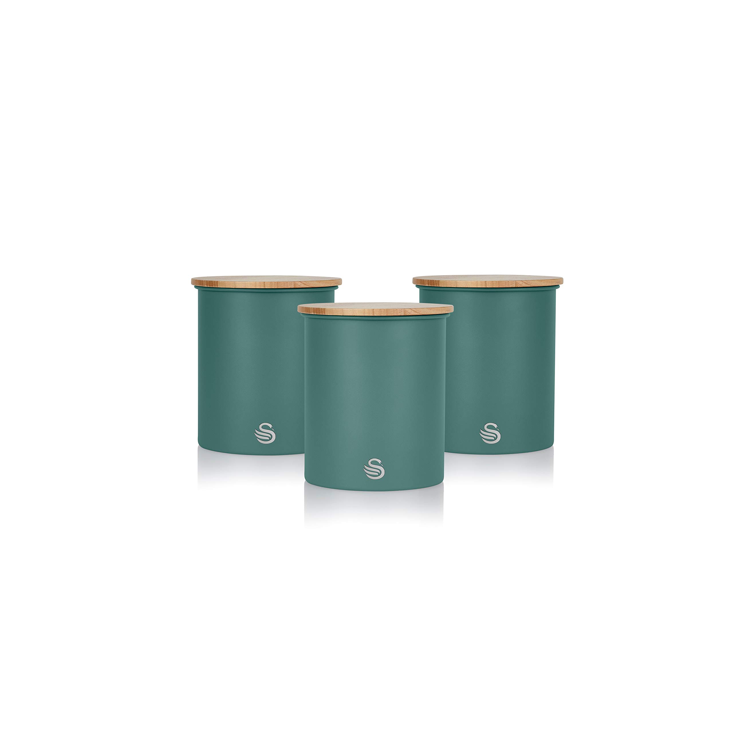 Swan SWKA17513GREN Nordic Scandi Set of 3 Storage, Tea, Coffee and Sugar Canisters, Pine Green, Steel, Bamboo Lid